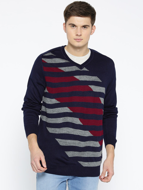 

American Eye Men Navy Blue & Grey Striped Pullover
