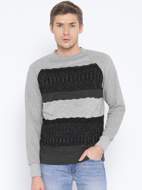 

American Eye Men Grey Melange & Black Colourblocked Cable Knit Pullover