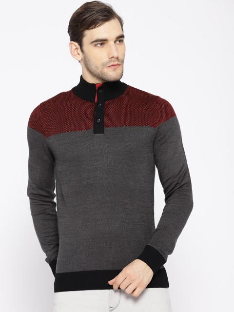 

American Eye Men Charcoal Grey & Red Self Design Pullover