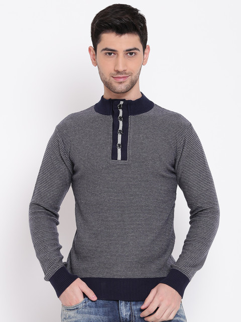

American Eye Men Navy Blue & Grey Self Striped Pullover