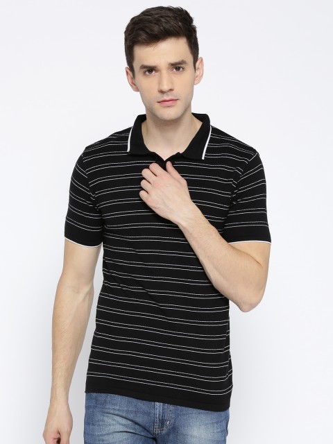 

American Eye Men Black & White Self Striped Polo Collar T-shirt