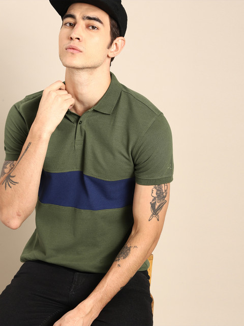 

ether Men Olive Green Blue Coloublocked Cut Sew Polo Pure Cotton T-shirt
