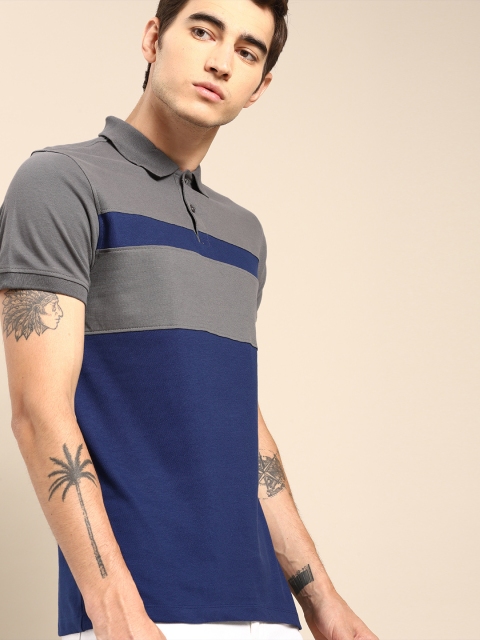 

ether Men Grey Blue Colourblocked Polo Pure Cotton T-shirt