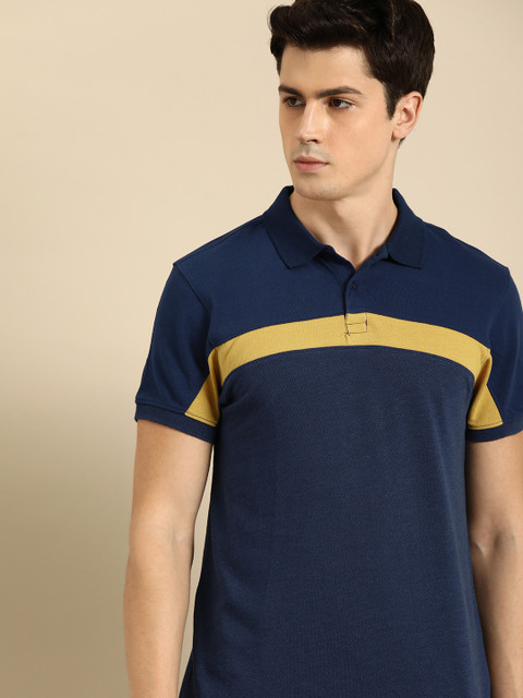 

ether Men Blue & Mustard Yellow Striped Polo Collar T-shirt