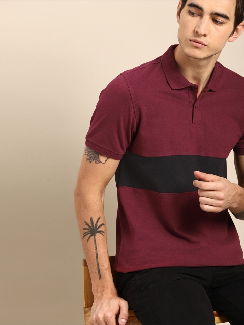 

ether Men Maroon & Black Colorblocked Polo T-shirt