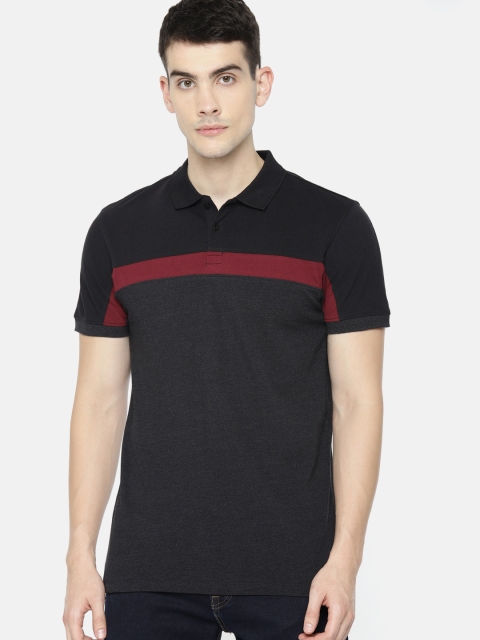

ether Men Charcoal & Black Solid Polo Collar T-shirt