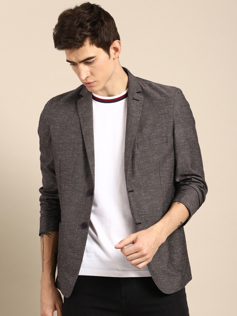 

ether Charcoal Grey Self Design Single-Breasted Regular Fit Casual Blazer