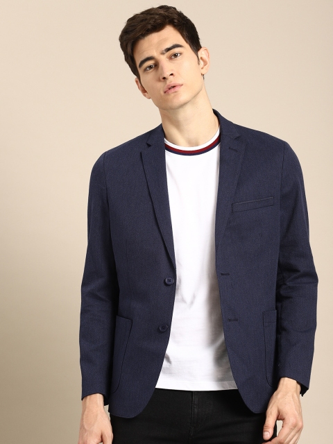 

ether Men Navy Blue Self-Design Single-Breasted Regular Fit Casual Blazer