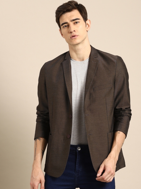 

ether Men Olive Brown Self-Design Single-Breasted Regular Fit Casual Blazer