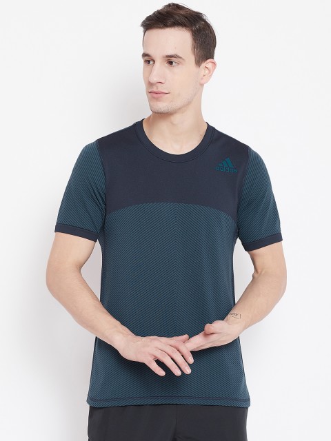 

ADIDAS Men Teal Striped Round Neck T-shirt