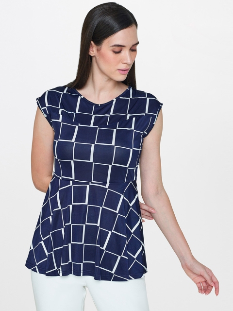 

AND Women Blue & White Printed Peplum Top