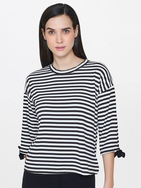 

AND Women Black & White Striped Top