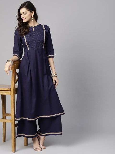 

Tulsattva Women Navy Blue Yoke Design A-line Kurta with Palazzos