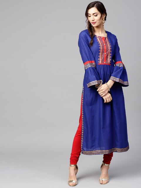 

Tulsattva Women Blue Yoke Design Straight Kurta
