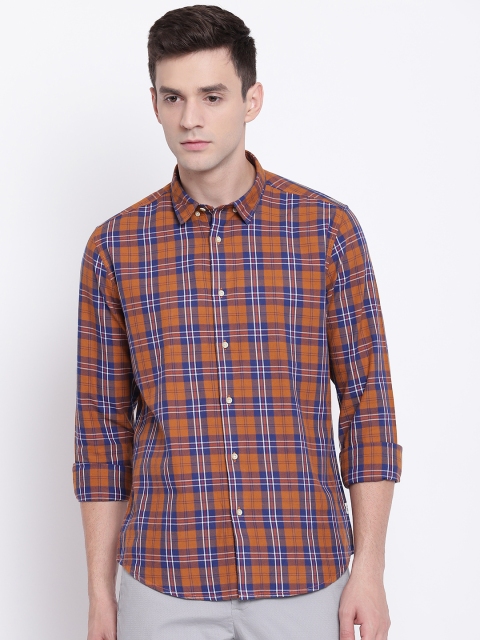 

Blackberrys Men Mustard Brown & Navy Slim Fit Checked Casual Shirt