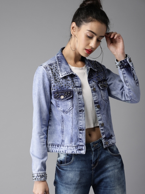 

Moda Rapido Women Blue Washed Studded Denim Jacket