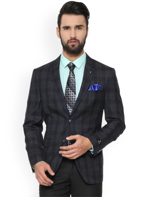 

Van Heusen Men Navy Blue & Grey Checked Single-Breasted Blazer