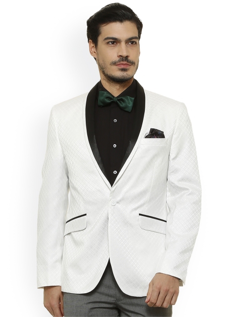 

V Dot Men White Self-Design Single-Breasted Tuxedo Blazer