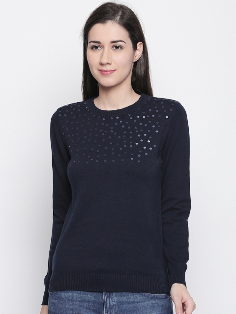 

Honey by Pantaloons Navy Blue Embellished Pure Cotton Top