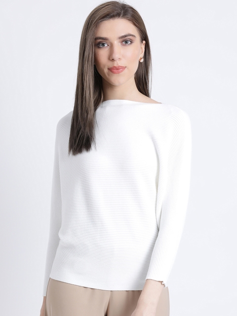 

Kazo Women White Self Design Batwing Sleeves Pullover