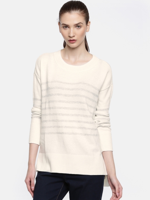 

GAP Women Off-White & Grey Striped High-Low Pullover Sweater