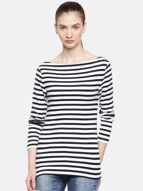 

GAP Women Navy Blue Striped Boat Neck T-shirt