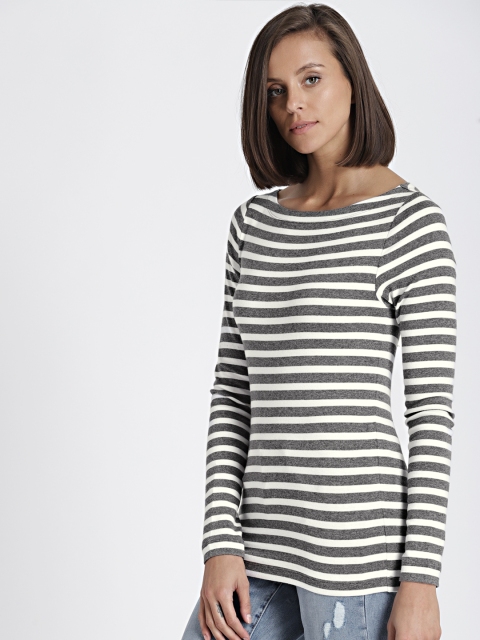 

GAP Women Grey & White Modern Stripe Long Sleeve Boatneck T-Shirt
