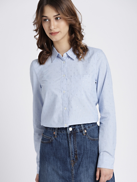 

GAP Women Blue & White Regular Fit Striped Shimmery Casual Shirt