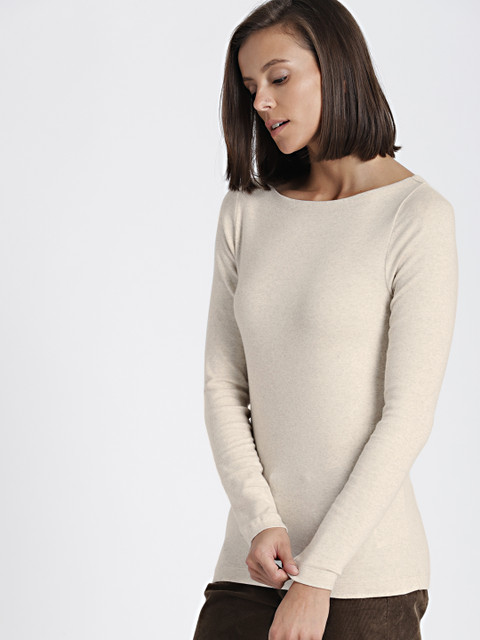 

GAP Women Beige Modern Long Sleeve Boatneck T-Shirt