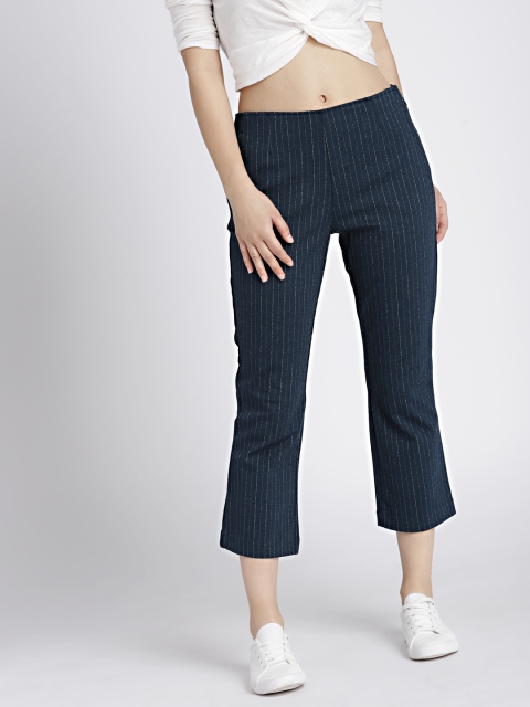 

GAP Women Navy & Grey Slim Fit Striped Regular Cropped Trousers, Navy blue