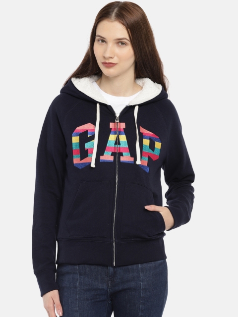

GAP Women Navy Blue Sherpa-Lined Stripe Logo Full-Zip Hoodie
