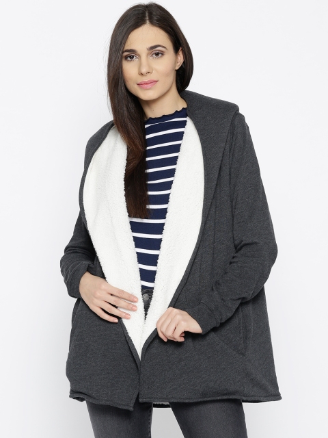 

GAP Women Charcoal Grey Sherpa-Lined Hooded Wrap Cardigan Sweatshirt