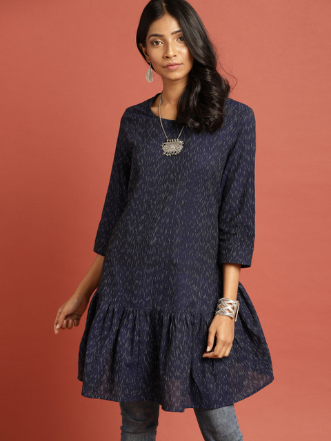 

Taavi Women Navy Ikat Woven Design A-Line Flared Longline Dress with Gathers, Navy blue