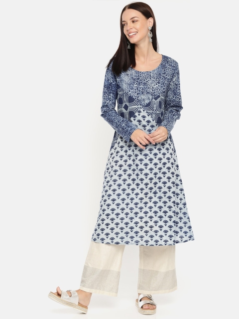 

Taavi Women Blue Indigo Hand Block Print Sustainable A-Line Kurta with Lace Inserts