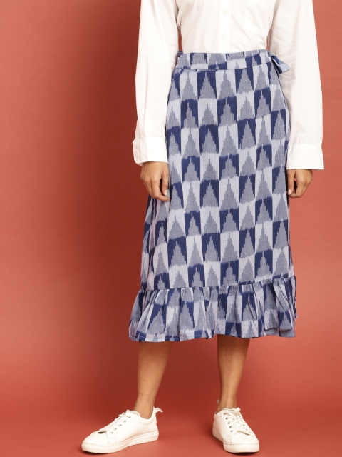 

Taavi Women Blue Ikat Woven Design A-Line Wrap Around Pure Cotton Skirt with Gathers