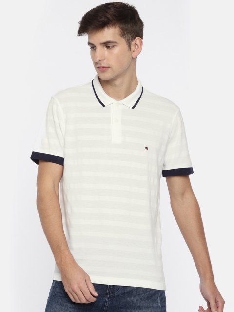 

Tommy Hilfiger Men White Self-Striped Polo Collar T-shirt