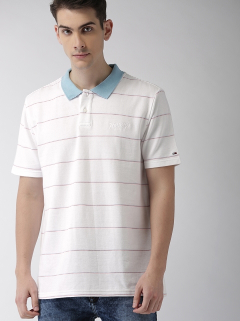 

Tommy Hilfiger Men White Striped Polo Collar Relaxed Fit T-shirt