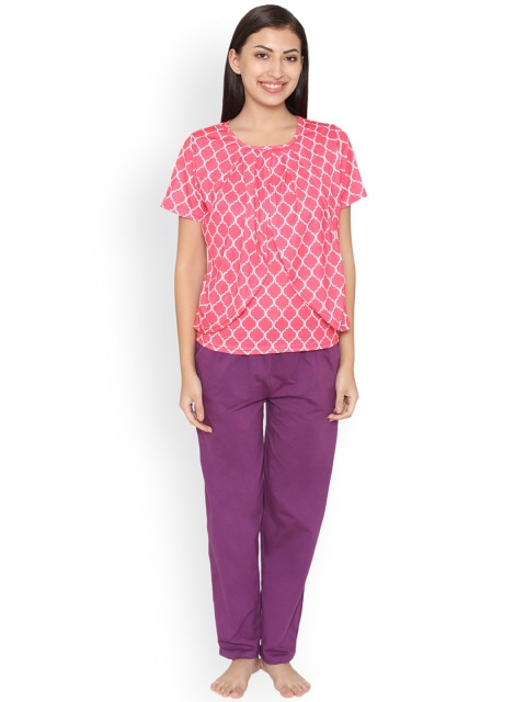 

Clovia Women Pink & Purple Printed Night suit LS0346P22XL