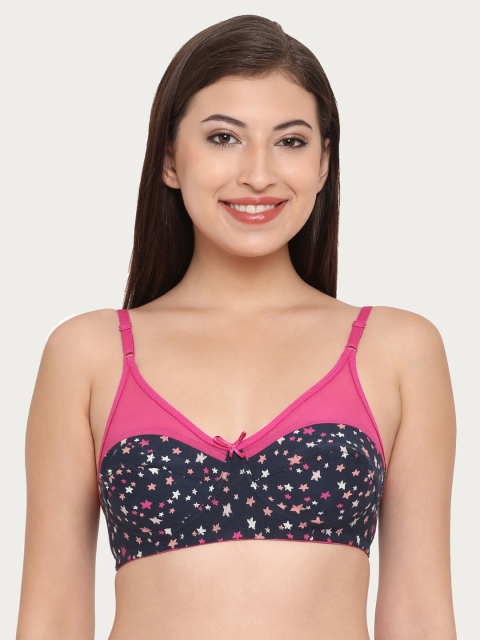 

Clovia Cotton Non-Padded Non-Wired Star Print Bra, Navy blue