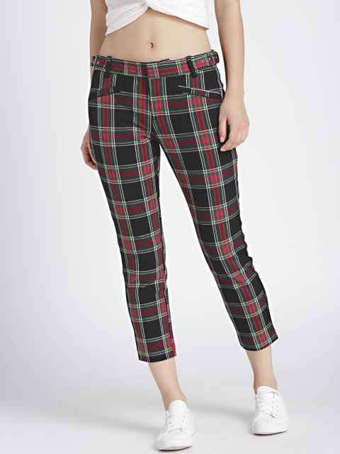 

GAP Women Black & Red Skinny Ankle Pants with Buckle Detail