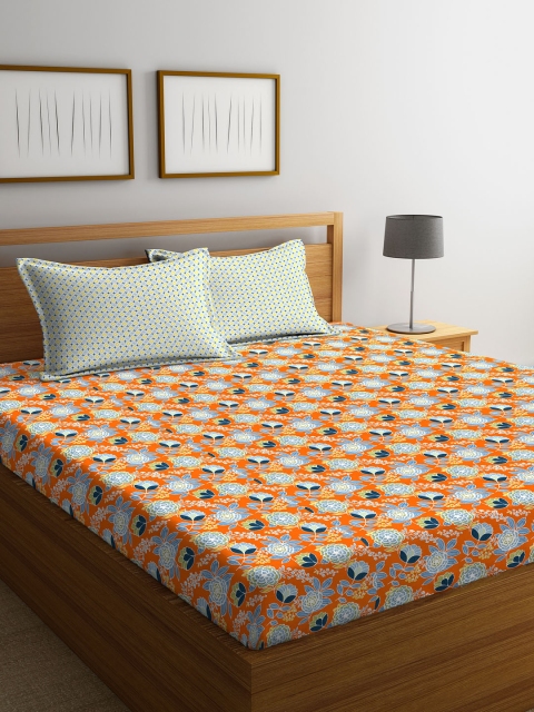 

STELLAR HOME Orange Floral Flat 104 TC Cotton 1 Queen Bedsheet with 2 Pillow Covers