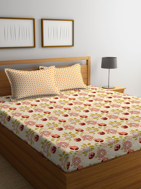 

STELLAR HOME Beige Floral Flat 104 TC Cotton 1 Queen Bedsheet with 2 Pillow Covers