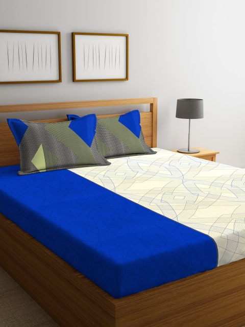 

STELLAR HOME Blue Geometric Flat 104 TC Cotton 1 Queen Bedsheet with 2 Pillow Covers