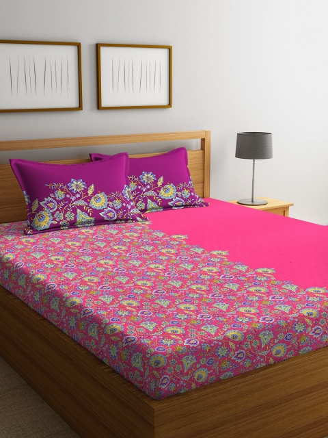 

STELLAR HOME Pink Floral Flat 104 TC Cotton 1 Queen Bedsheet with 2 Pillow Covers