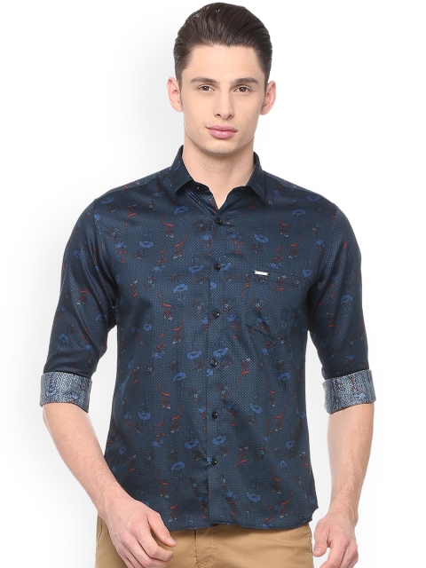 

V Dot Men Navy Blue Printed Slim Fit Casual Shirt