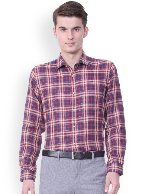 

Peter England Men Blue & Red Checked Regular Fit Linen Formal Shirt