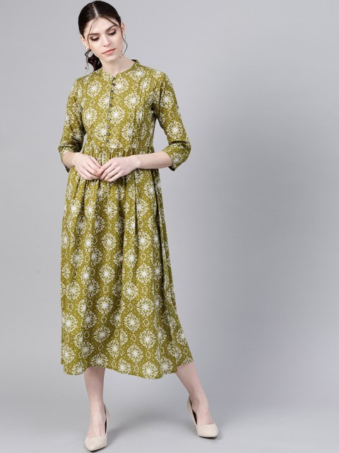 

GERUA Women Olive Green & White Printed A-Line Dress
