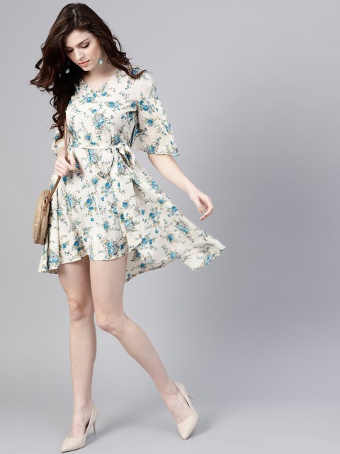 

GERUA Women Off-White & Blue Floral Print Wrap Dress