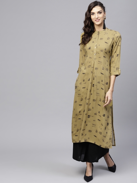 

GERUA Women Olive Green & Black Printed Straight Kurta