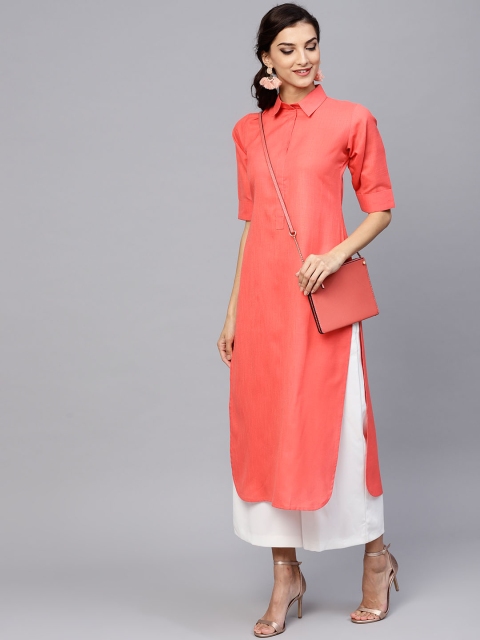 

GERUA Women Coral Orange Solid Pathani Kurta